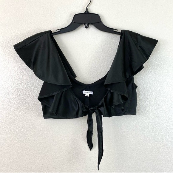 WeWoreWhat Crop Top Black Satin Ruffle Tie Front S - Picture 3 of 8